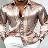 Men Silky Satin Button‑Down Shirt Vintage Silver Baroque Medallion Pattern Long Sleeve Turn‑Down Collar Male Banquet Party Casua