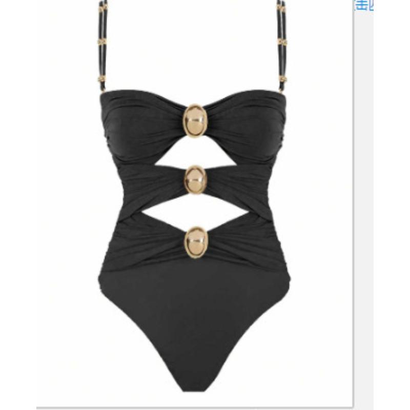 Europäischer und Amerikanischer Neuer Spleiß-Metallverschluss Hohl Einteiliger Badeanzug Damen Hohe Taille und Dünn High-End Bikini