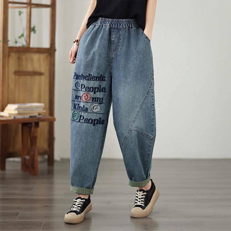 

Embroidered Plus Size Loose-Fit Artistic Harem Jeans M светло-синий
