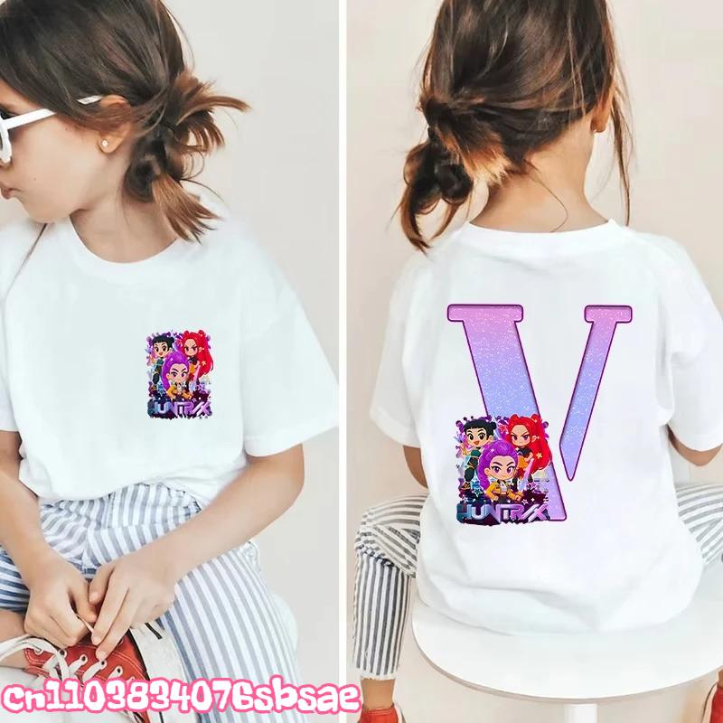 Hot Fashion Girls Boys T-shirts A-Z 26 Letter Kpop Demon Hunter HuntrX Graphic Kids Tops Short Sleeve Tees Shirts Child Clothing