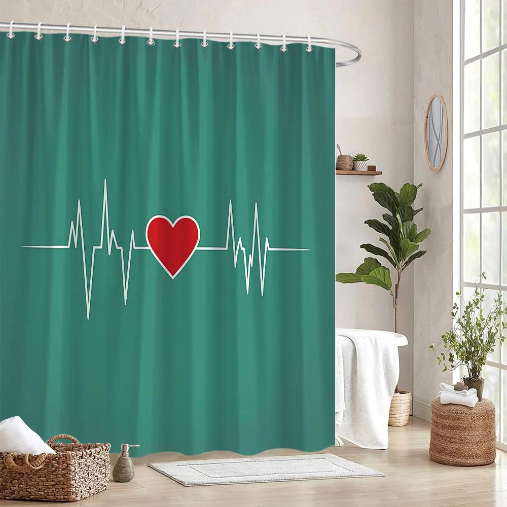 Heart Rate Monitor & Love Shower Curtain, Bold Teal Design with White Heart Line,12 Hooks, Modern Bathroom Decor