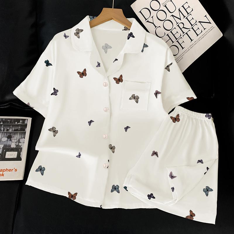 Premium Silver Powder Cartoon Ice Silk Pajamas Women'S Summer Short-Sleeved Loose And Comfortable Loungewear Set