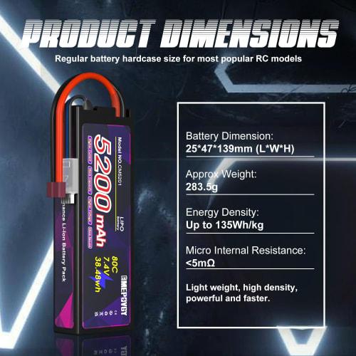 7.4V LiPo Battery, 5200mAh, 80C, 2S, Set of 2, with Deans T, Suitable for Various RC Cars and Trucks