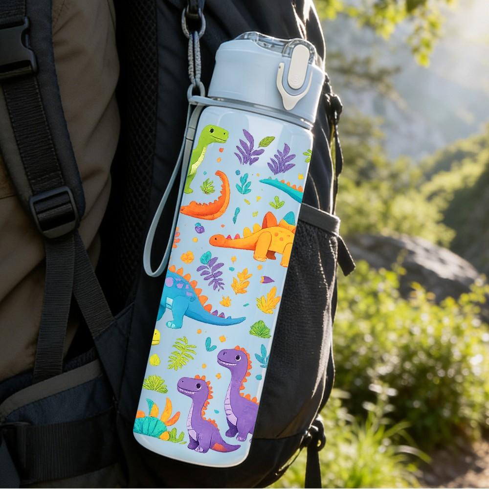 1PC Dinosaur Cartoon Colorful Sticker Print 750ml Color Plastic Sports Water Bottle Leakproof Flip Straw Lid Suitable for Sports Office Home Use