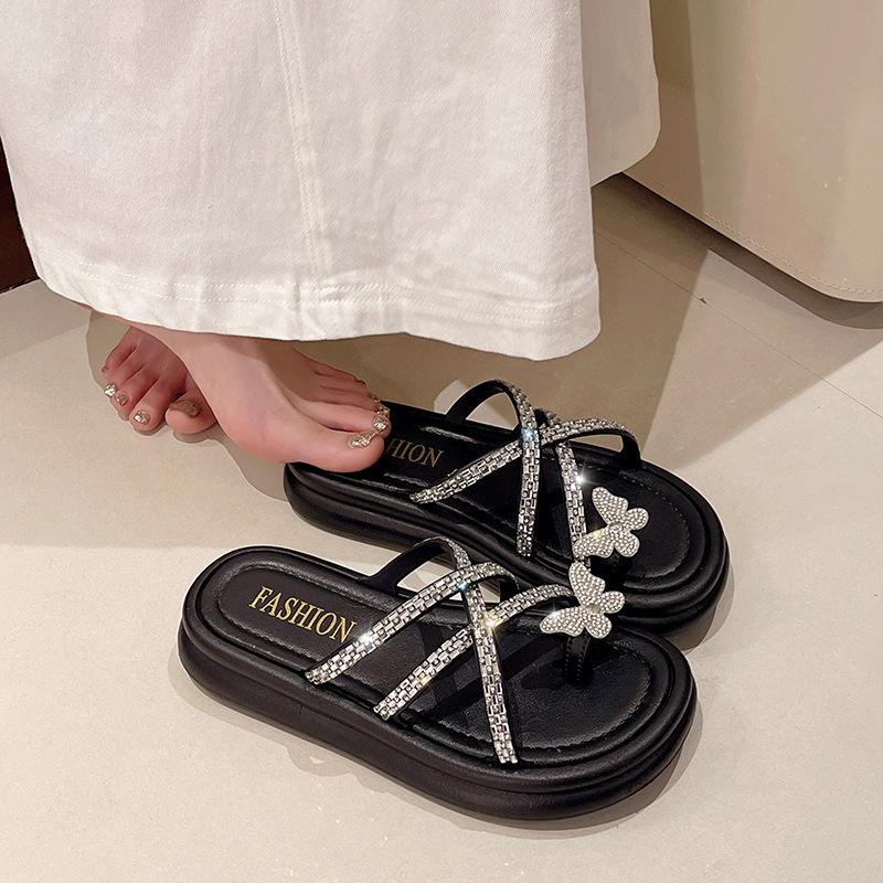 Premium sandals women's new summer fashion rhinestone butterfly toe thick-soled cool slippers