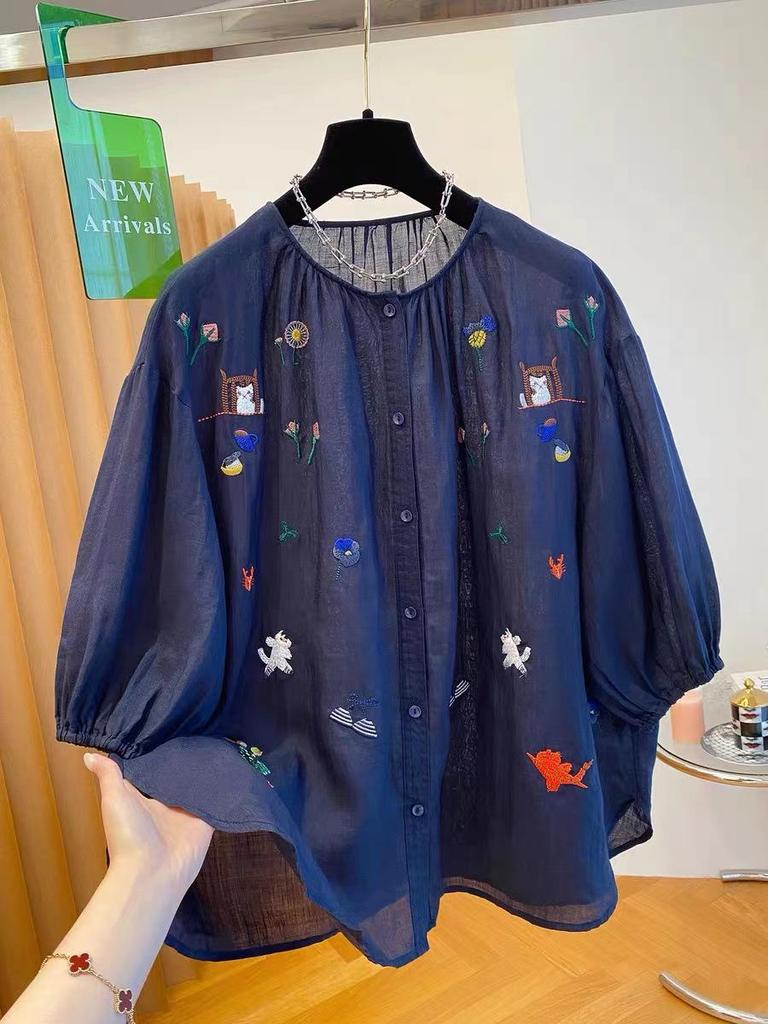 Women's Unique Embroidery Ramie Top - Extra Large, Lightweight, Chic, and Stylish for Summer 2026