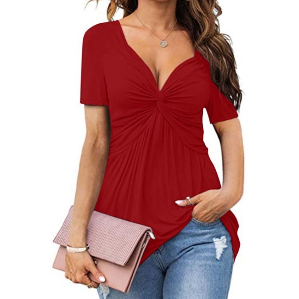 New European American Style Women's V Neck Twist Front Short Sleeve Shirt Casual Solid Color Pullover T-shirt Top
