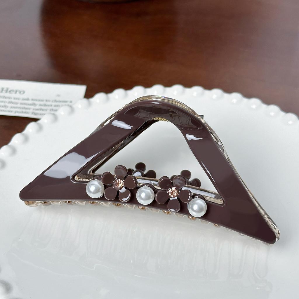 

Pearl And Stylish Rhinestone Large Hair Claw Clip Perfect For Elegant Looks And Updos Dark Brown11.6cm