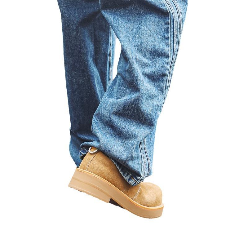 Derby Shoes Men's Spring Mickey Big Head Thick Sole Height Increase Low Top Round Head Fashion Leather Shoes-J