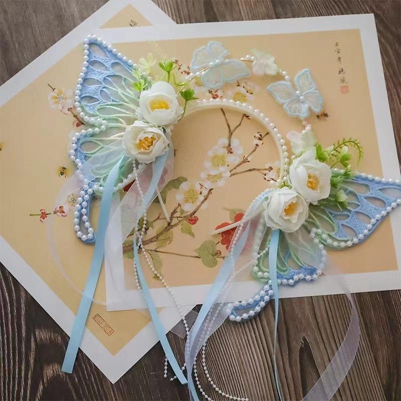 Serre-tête Fleur Papillon Perle - Couronne Artificielle Fait Main Bricolage Bijoux de Cheveux pour Filles, Accessoires de Fête et de Mariage