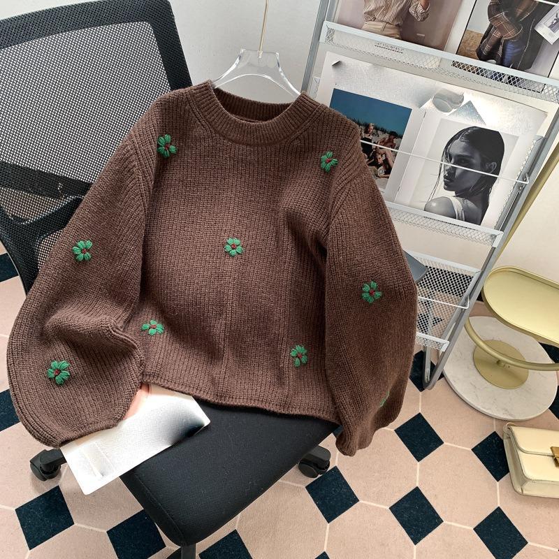 Γυναικείο Ρετρό Κεντημένο Φλοράλ Πουλόβερ για Φθινόπωρο και Χειμώνα, Χαλαρό και Άνετο Στυλ, Υψηλής Ποιότητας Κορεατικό Πλεκτό