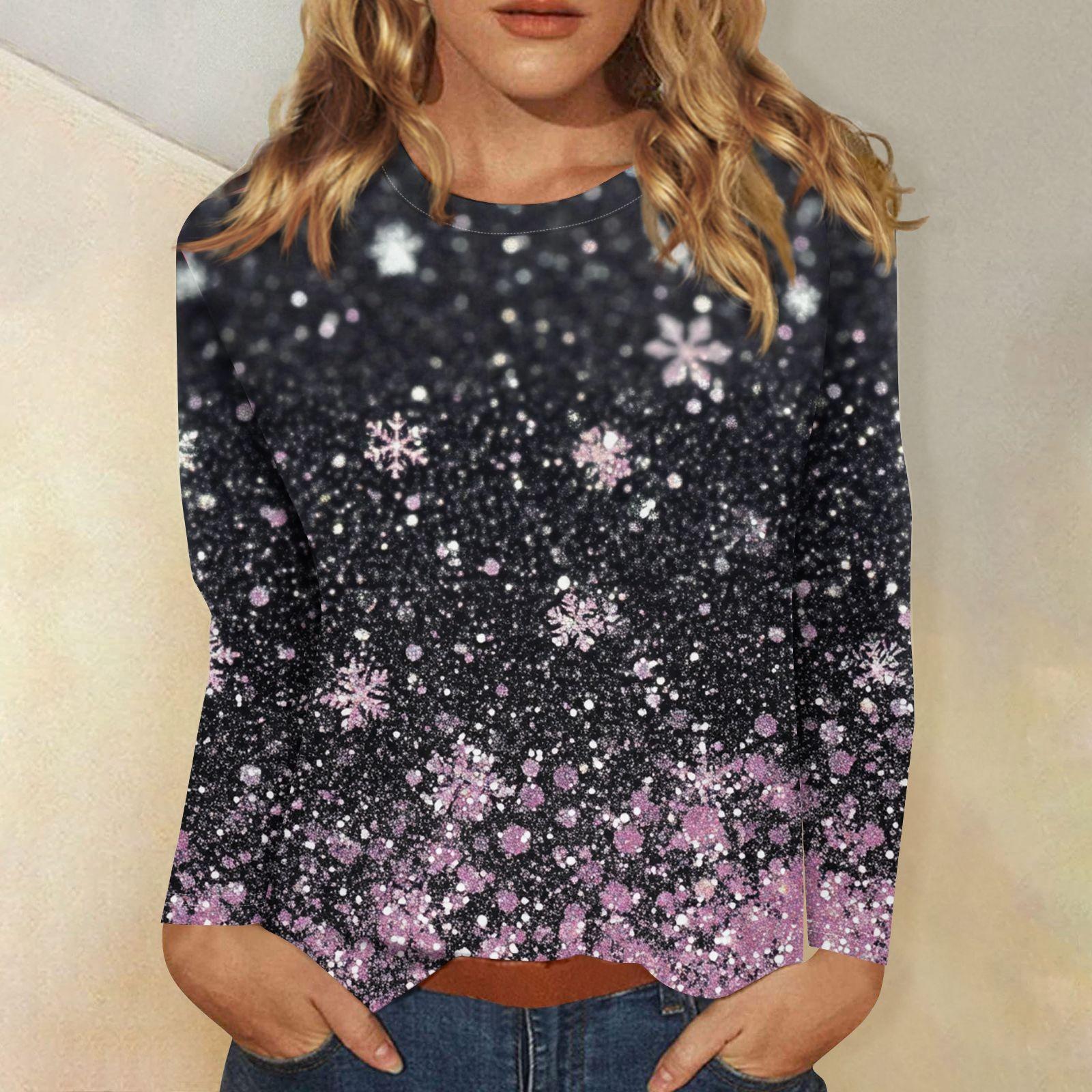 

Женская мода повседневная рождественская печать круглый вырез длинный рукав декоративная футболка топ M