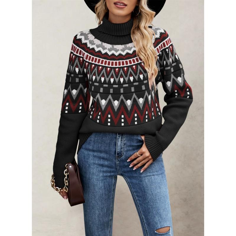 Womens Oversized High Neck Knit Sweater With Retro Stripe Colorblock Design Winter 2026