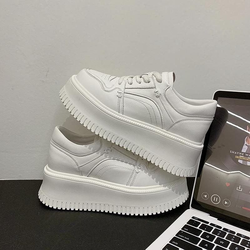 ქალის პლატფორმიანი ფეხსაცმელი, ქალის სპორტული ფეხსაცმელი 2024, ახალი, თასმებიანი, მაღალი ქუსლით, მრავალმხრივი, დაბალყელიანი, ყოველდღიური, მყარი ტყავის, პატარა ვაფლის ფეხსაცმელი