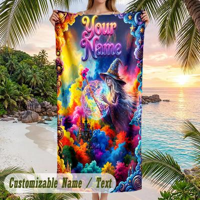 Fantasy Magic Theme Beach Towel Personalized Custom Name & Text Soft Quick Dry Beach Towel for Swimming Travel