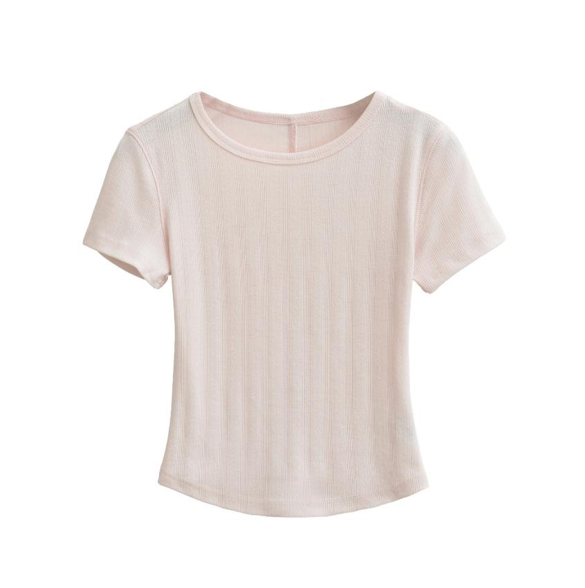Jacquard Round Neck Short-sleeved T-shirt Women's Summer New American Spice Girl Style Solid Color Short Slim Bottoming Top