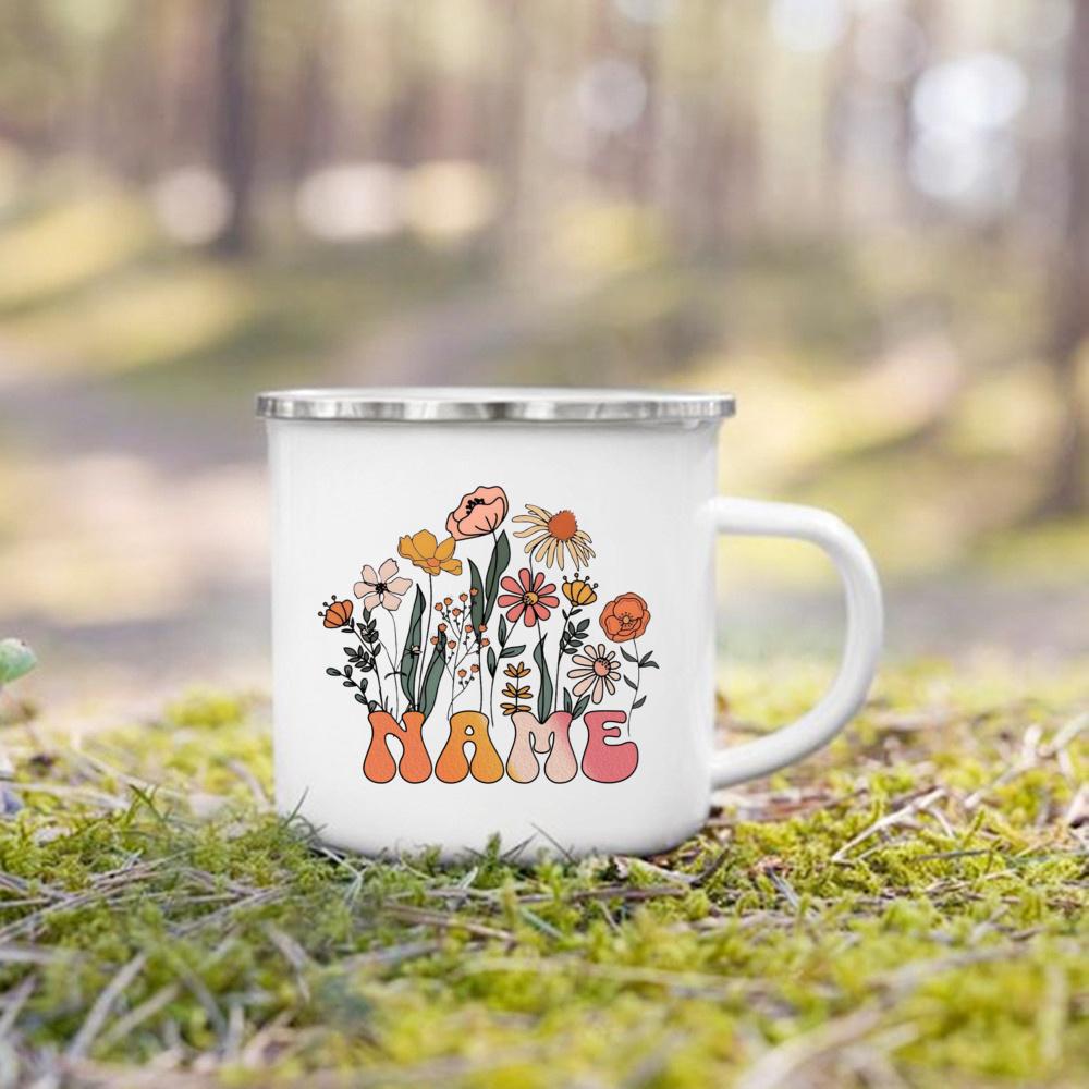 Personalised Flower with Name Coffee Cup Drinks Water Mug Custom Enamel Camping Mug Outdoor Cups Festive Birthday Gift for Her