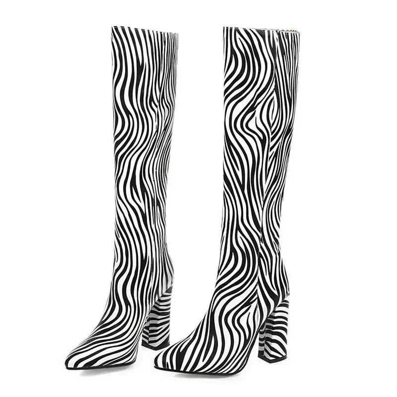Animal Print Long Tube Riding Boots Women's Autumn and Winter New Knee-high Tube Thick High Heel Elastic Stovepipe Boots