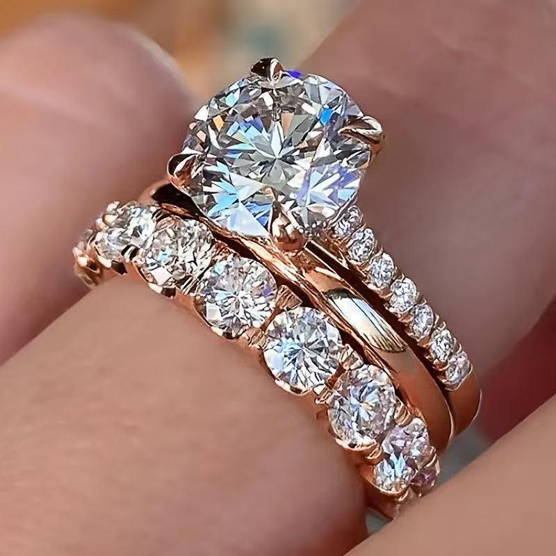 3Pcs Set Luxury Temperament Five-Claw Inlaid Crystal Zircon Ring For Women Wedding Fashion Charm Jewelry Sets Accessories