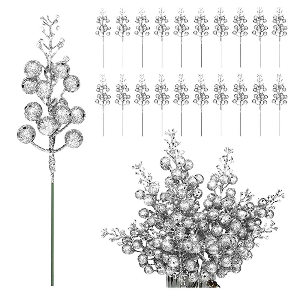 20 szt. Świąteczne brokatowe gałązki jagód, Sztuczne gałązki jagód Ostrokrzew Wybory jagód świątecznych Ozdoby na choinkę Rękodzieło DIY Wieniec świąteczny