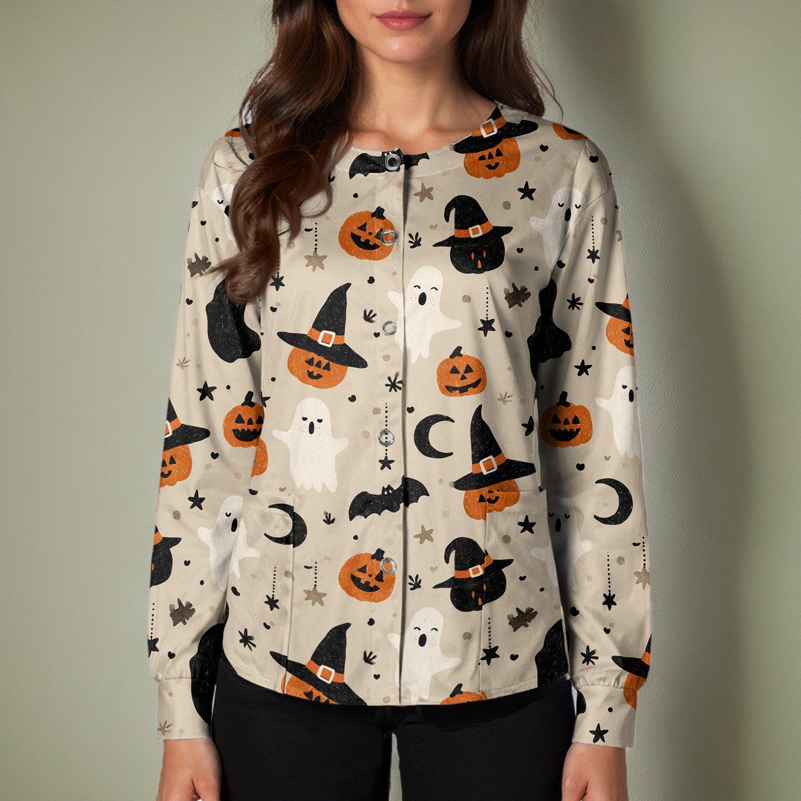 Women s Long Sleeve Single Breasted Halloween Print Cardigan Sweater L