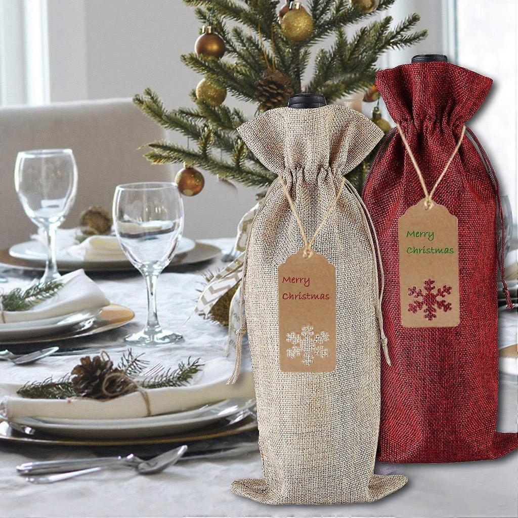 Burlap Wine Gift Bags, 24 Pcs Jute Drawstring Wine Bottle Covers with Ropes and Tags for Christmas