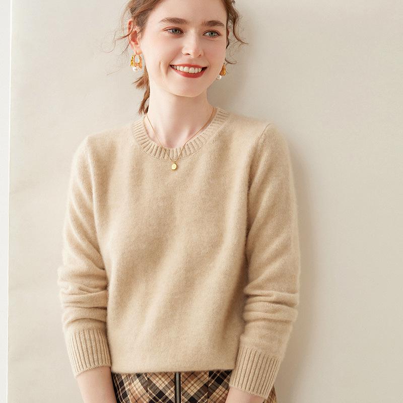 Women's Cashmere Knit Round Neck Long Sleeve Base Layer Sweater - Versatile, Thick, Loose Fit, Autumn/Winter Style