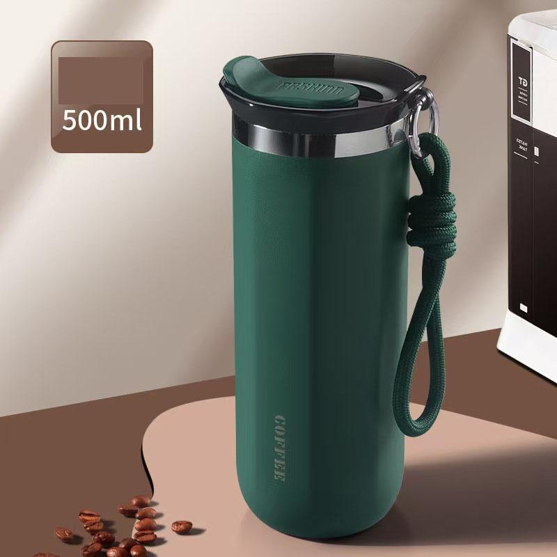 Double-Layer Vacuum-Insulated Coffee Mug with Pull-Up Handle 304 Stainless Steel Thermos Outdoor Portable Sports Water Bottle Solid Color Water Cup