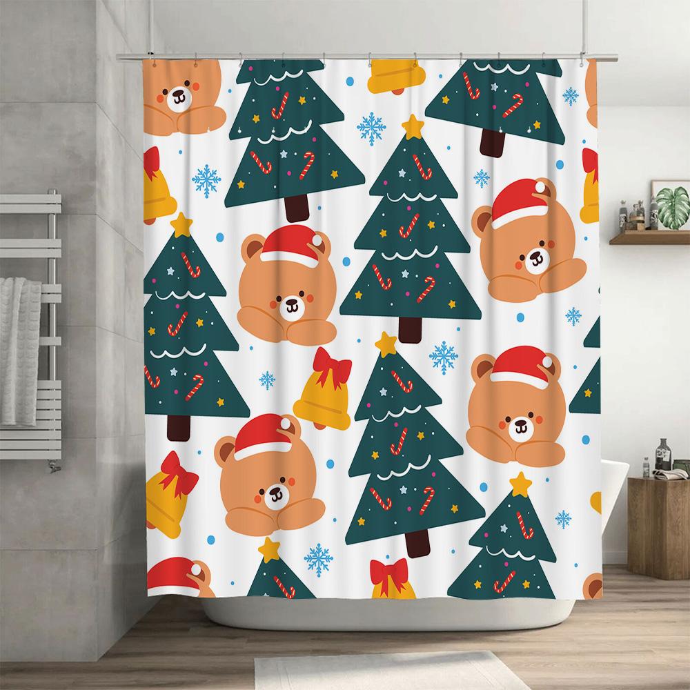 Teddy Bear Christmas Shower Curtain Decorative Fabric Print Waterproof Bath Mat Set For Kids Bathroom (Green)
