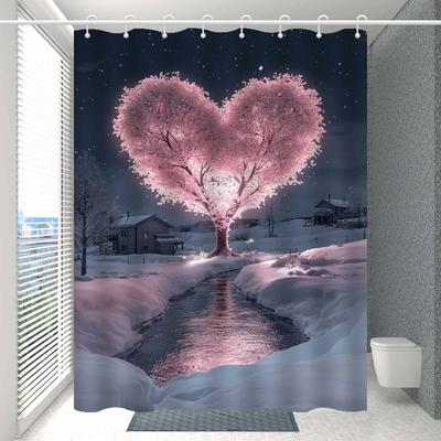Pink Heart-Shaped Glowing Tree Shower Curtain,, Machine Washable Polyester,  Winter Night Sky Scene, Elegant Bathroom Decor