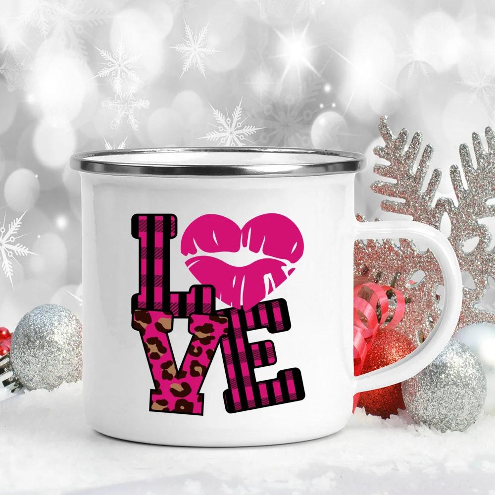 Love Heart Printed Camping Mug Valentine Party Juice Milk Cup Coffee Cups Enamel Mugs Valentine's Day Gifts for Family Friends
