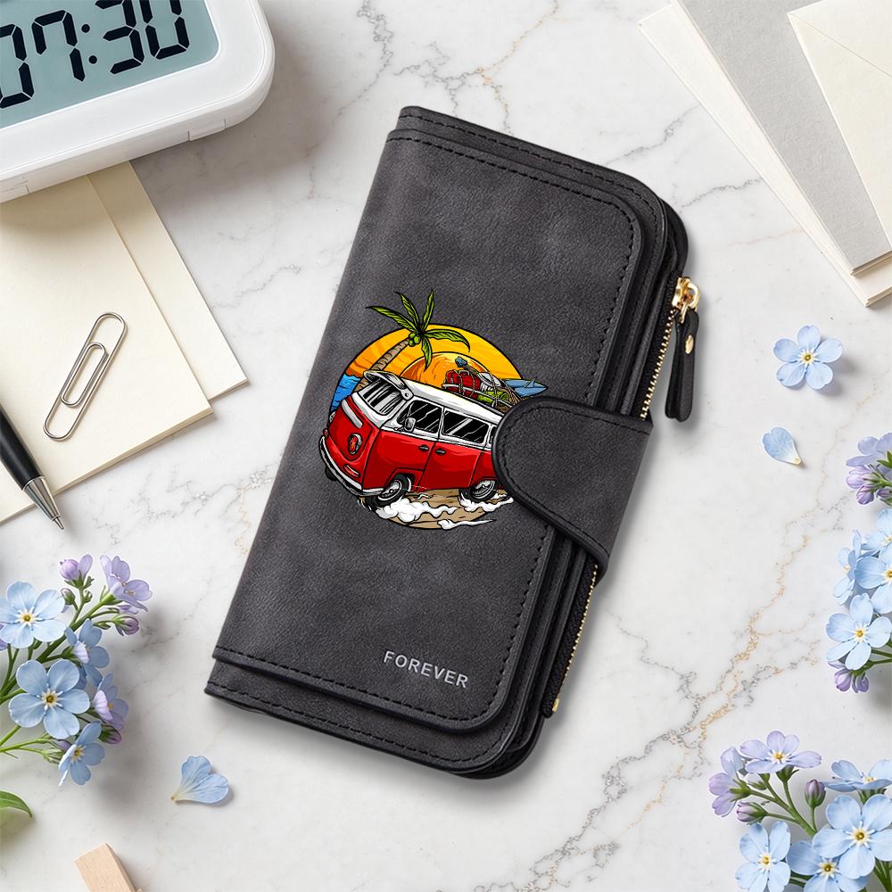 Vintage Summer Van Printed Long Wallet Casual Fashion Portable Multi Card Holder for Daily Use