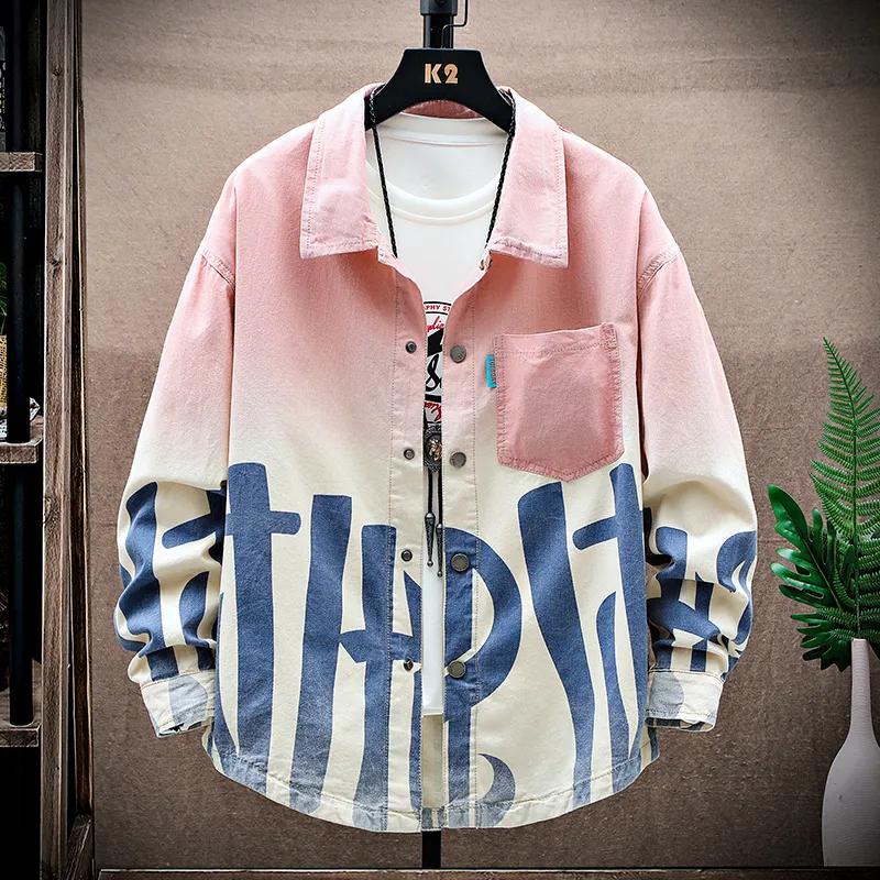 Men's Spring/Fall Shirt Student Jacket Youth Long-Sleeve Color-Block Design Denim Jacket