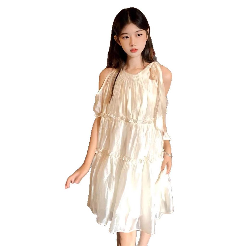 French Summer Sweet Temperament Off-the-shoulder Dress Female Gentle First Love White Moonlight Princess Dress Ruffle Leaf Fairy Dress