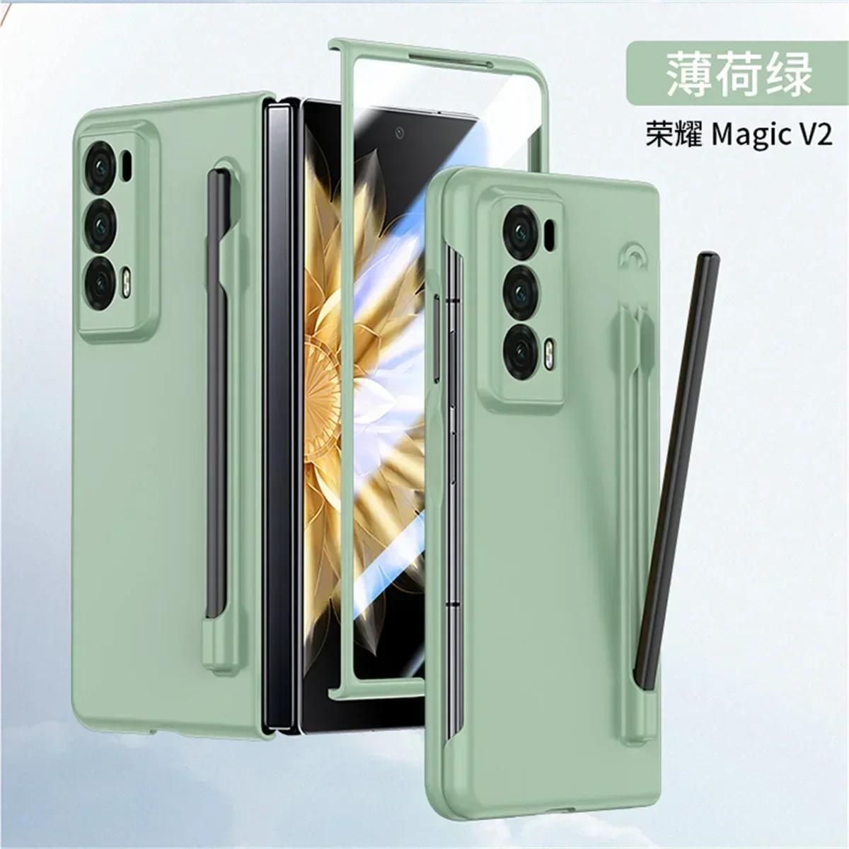 

Матовый бронированный чехол для телефона Honor Magic V3 V2 VS2 PC Hard Shell Защита от ударов с закаленной защитной пленкой с держателем для ручки Складной чехол For Honor Magic V2 мятный зеленый