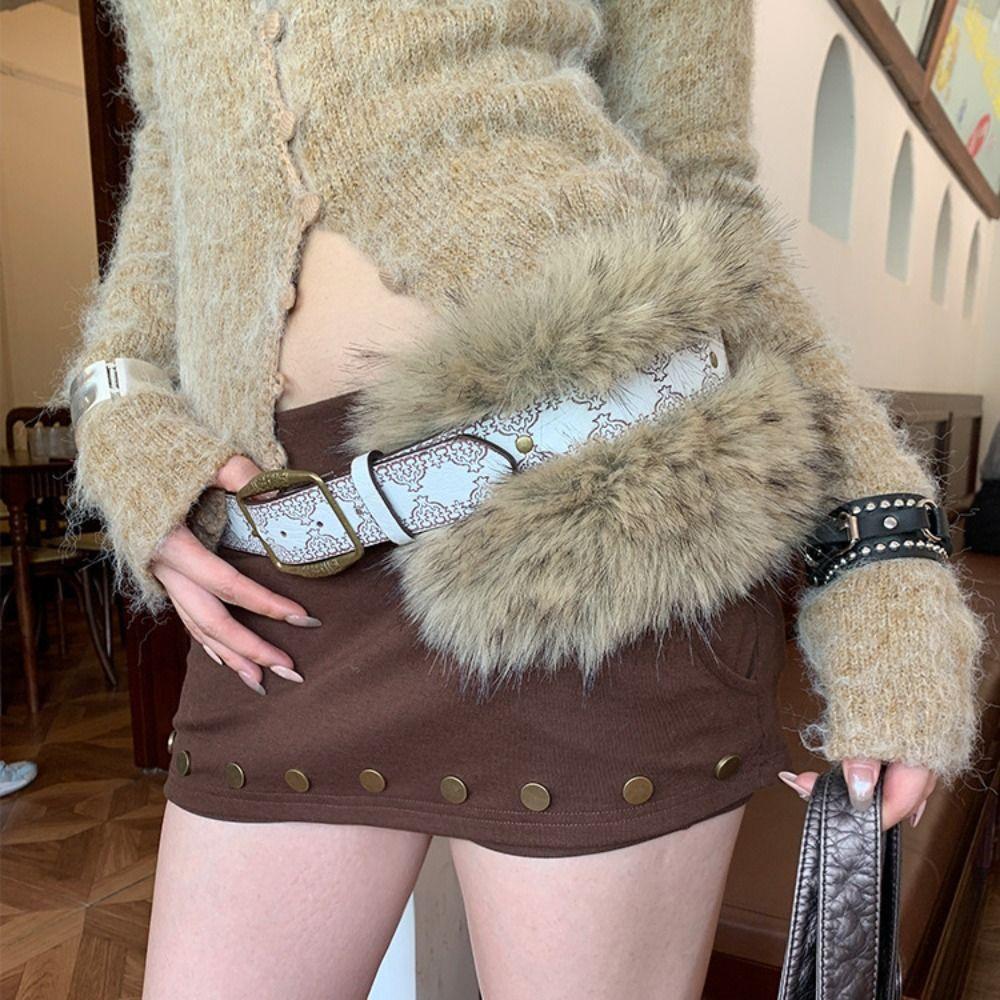 PU Leather Furry Waistband Rivet Plush Belt Simple Y2K Waistband  Daily