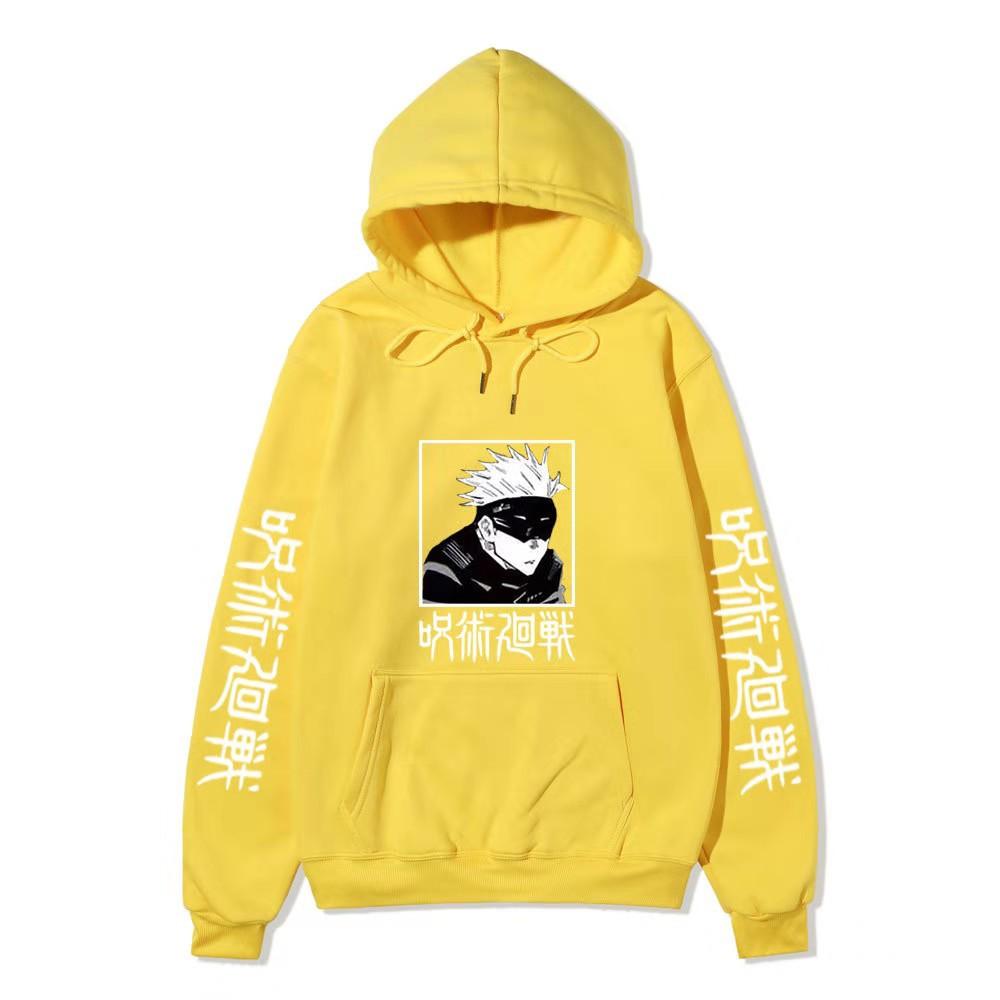 Men Women Fleece Hoodie Gojo Manga Art Two Sleeve Vertical Japanese Characters Casual Anime Hooded Sweatshirt