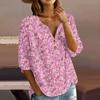 Women’s Floral Pattern Henley Neck Button Front Cotton Linen Shirt with 3/4 Sleeves Relaxed Fit Casual Blouse for Everyday Wear
