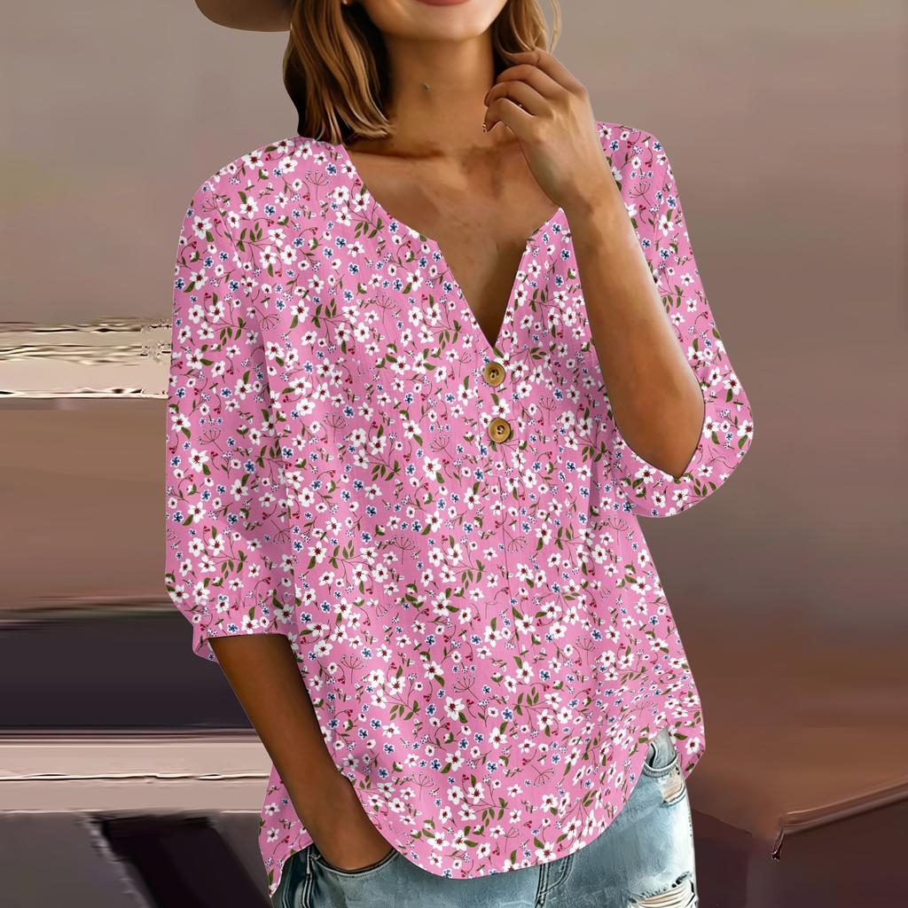 Women’s Floral Pattern Henley Neck Button Front Cotton Linen Shirt with 3/4 Sleeves Relaxed Fit Casual Blouse for Everyday Wear