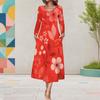 Women Plus Size Red Floral Printed V Neck Long Sleeve A Line Midi Dress With Pockets