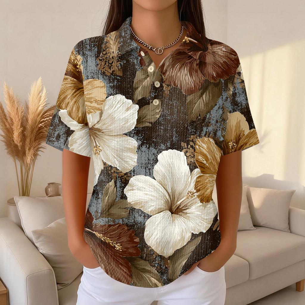 Womens Casual Short Sleeve Retro Floral Print Waffle Knit Polo Shirt Lightweight Button Down Top