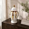 Lidded Ceramic Vase Glossy White Jar-Shaped Vase Decorative Ceramic Jar Gold Trim Home Decor Display Piece