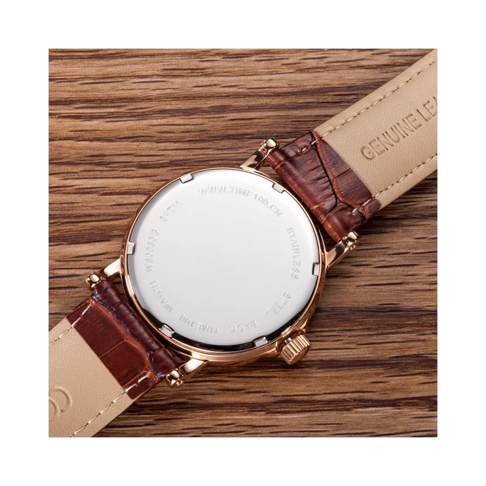 Time100 Multifunction Men's Watch Date Day Display 24-Hour Indicator Japanese Movement Black Leather Strap Rose Gold