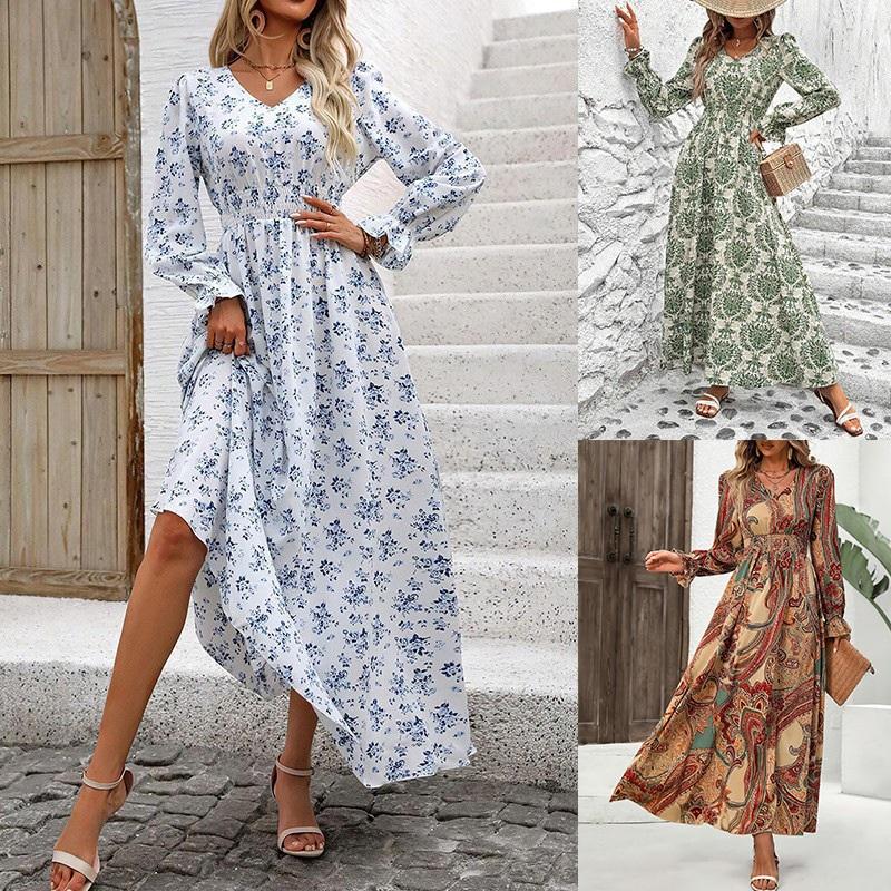 European And American Women's Summer Printed Long Skirt, V-neck, Long-sleeved, Big Swing Dress, Loose Temperament, Elegant Long Skirt