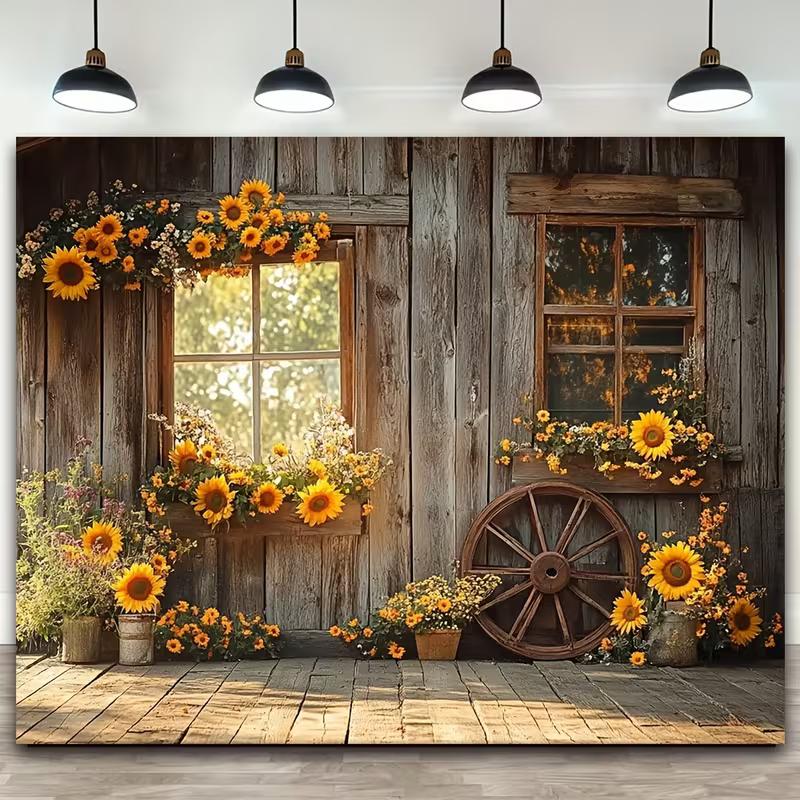 Rustic Sunflower Barn Tapestry, Farmhouse Background Cloth, Country Home Decor