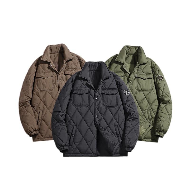 2024 Winter Men's Plus Size Quilted Jacket: Loose Fit, Solid Color, Two-Way Zipper, Warm Cotton