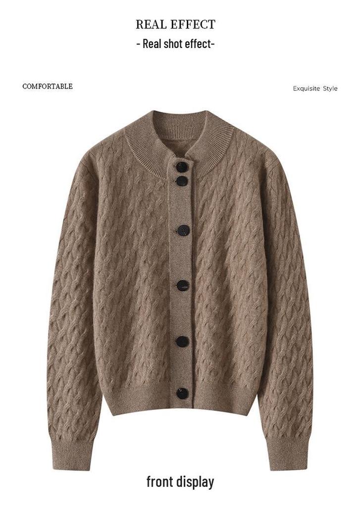 Elegant Korean Style Cable Knit Cashmere Cardigan for Women - Stand-up Collar, Versatile Autumn/Winter Sweater