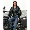 Women Black Faux Leather Jacket Wide Lapel Lantern Sleeve Slim Fit