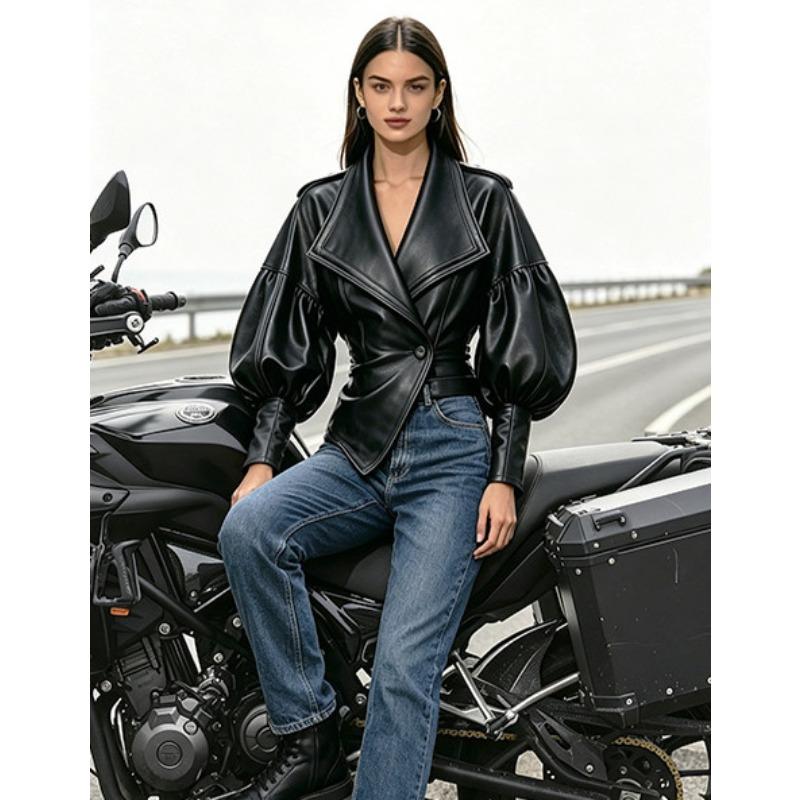 Women Black Faux Leather Jacket Wide Lapel Lantern Sleeve Slim Fit