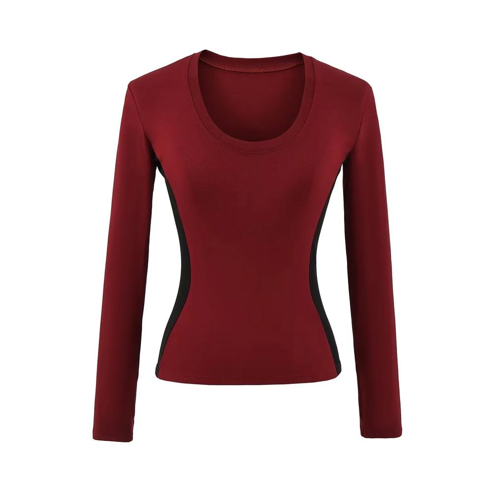 Four Color Autumn Women'S Clothing New Style Spliced Small Round Neck Base Shirt Contrasting Color Top Tight T-Shirt